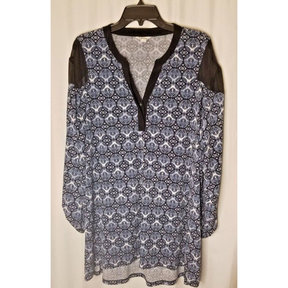 Women's Tunic Top Sheer Shoulder Design V-Neck Geometric Roll-Tab Sleeve 22/24 W